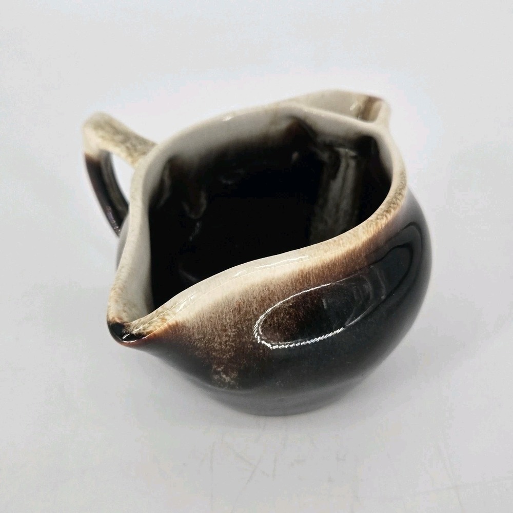 Vintage MCM Drip Glaze Creamer Pitcher Studio Pottery Off White‎ Brown Black 436